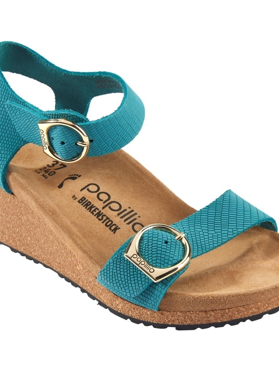 Birkenstock Shoes - Birkenstock Papillio Teal Textured Two-Strap Wedge Sandals with Gold Buckles